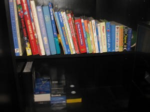 Not only did he organize them according to their height, but he also pulled all of the books to the front of the shelf which is something I always do.  It looks neater and keeps the shelves from getting dusty! Definitely MY kid!  :)